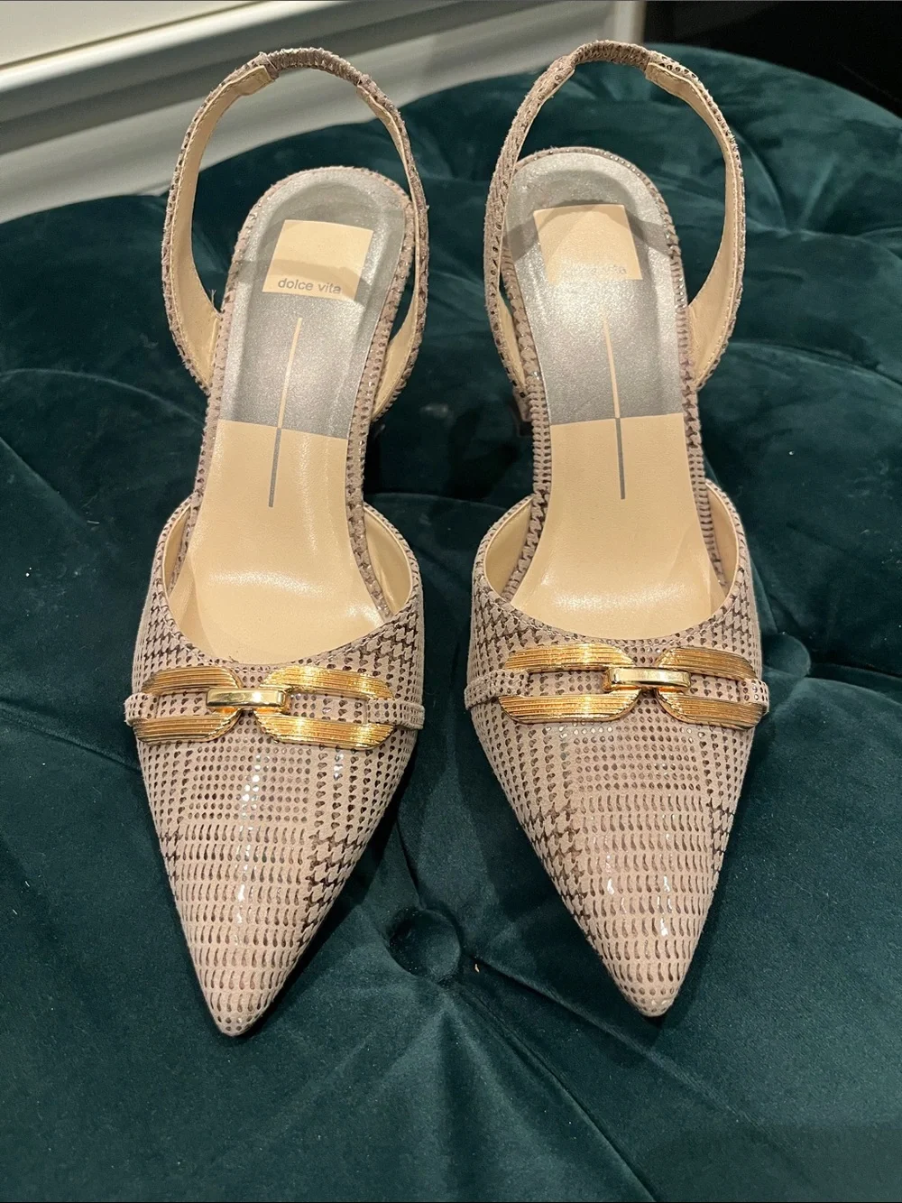 Dolce Vita Taupe Pointed Slingback Heels with Gold Chain Detail